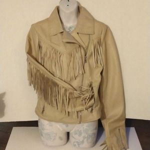 Cream Cropped Fringe Motorcycle Jacket Boho Style Women's Size M